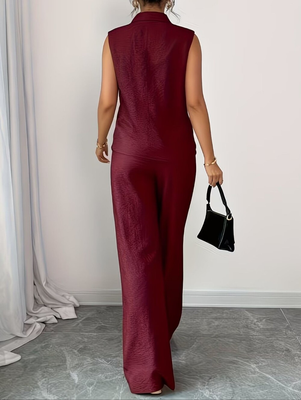 Sleeveless V-Neck Top And Wide Leg Pants Set- Burgundy - Picture 2 of 9